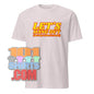 White vampire humor graphic tee with yellow and red text saying Lets Hang Out but only when its dark
