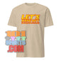 101SHIRTS beige vampire humor graphic tee with Let’s Hang Out text in bold yellow and red