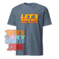 Blue t-shirt with yellow and red text Let's Hang Out But Only When It's Dark vampire humor graphic tee