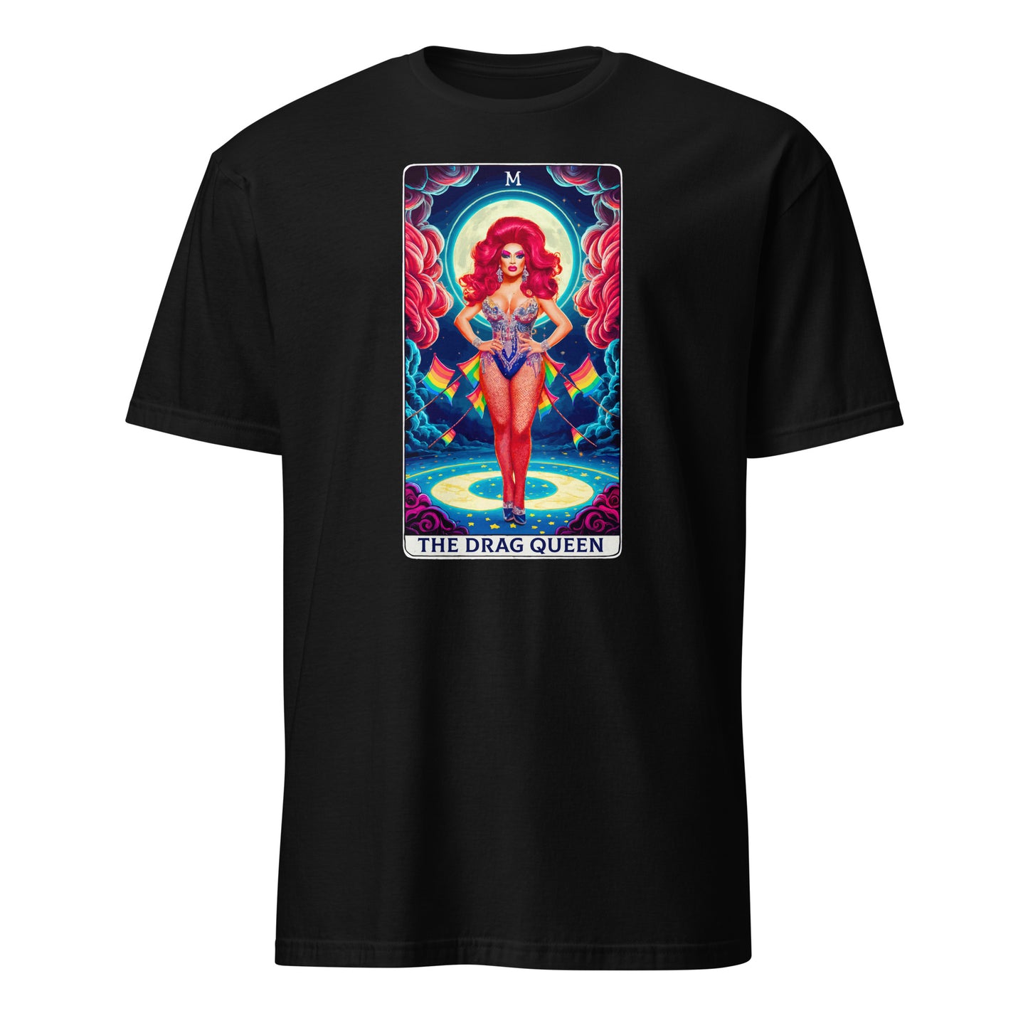 Black drag queen tarot t-shirt featuring vibrant tarot card style artwork of a red-haired drag queen