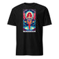 Black drag queen tarot t-shirt featuring vibrant tarot card style artwork of a red-haired drag queen