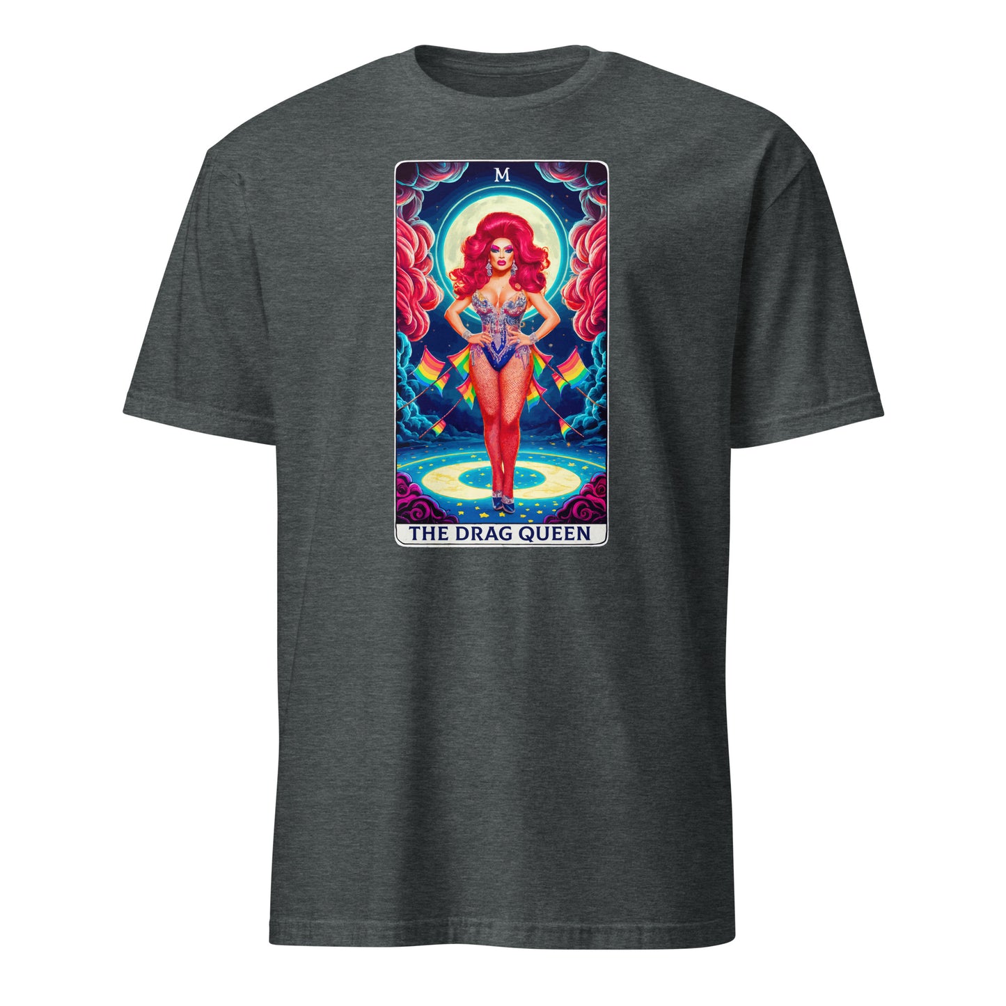 Dark gray drag queen tarot t-shirt featuring vibrant tarot card style graphic of a red-haired drag queen