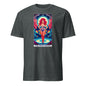 Dark gray drag queen tarot t-shirt featuring vibrant tarot card style graphic of a red-haired drag queen
