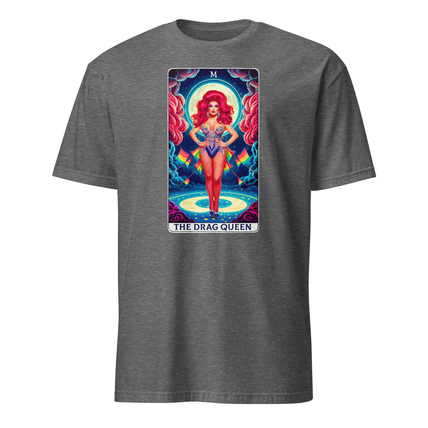 Gray 101SHIRTS drag queen tarot t-shirt featuring vibrant tarot card style drag queen illustration