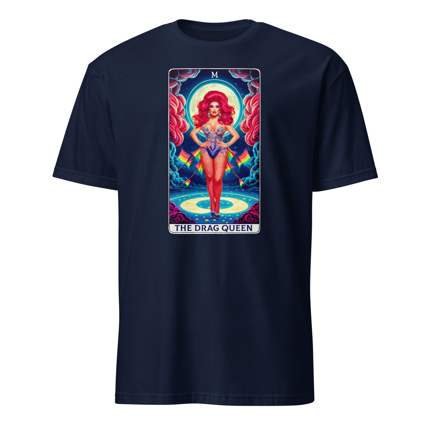 Navy blue drag queen tarot t-shirt with colorful tarot card style graphic of a drag queen in red and blue