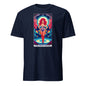 Navy blue drag queen tarot t-shirt with colorful tarot card style graphic of a drag queen in red and blue
