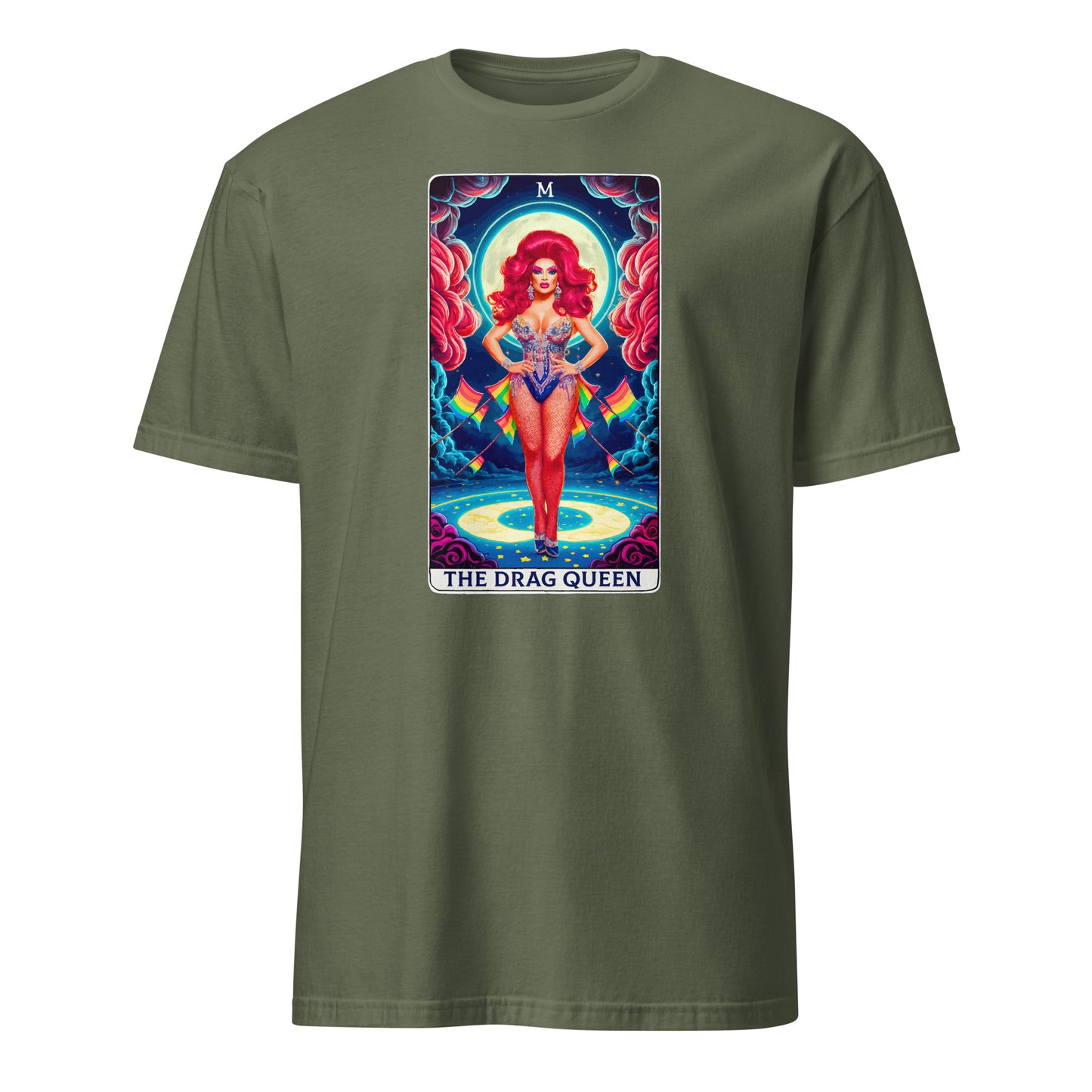 Olive green drag queen tarot t-shirt by 101SHIRTS featuring colorful tarot card design with a drag queen figure