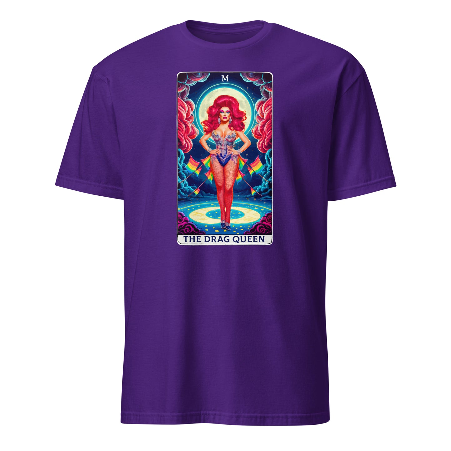 Purple drag queen tarot t-shirt from 101SHIRTS featuring colorful tarot card design with drag queen figure