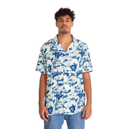 Printify Japanese ocean wave aloha shirt Hawaii Hemd with blue and white wave pattern worn by male model
