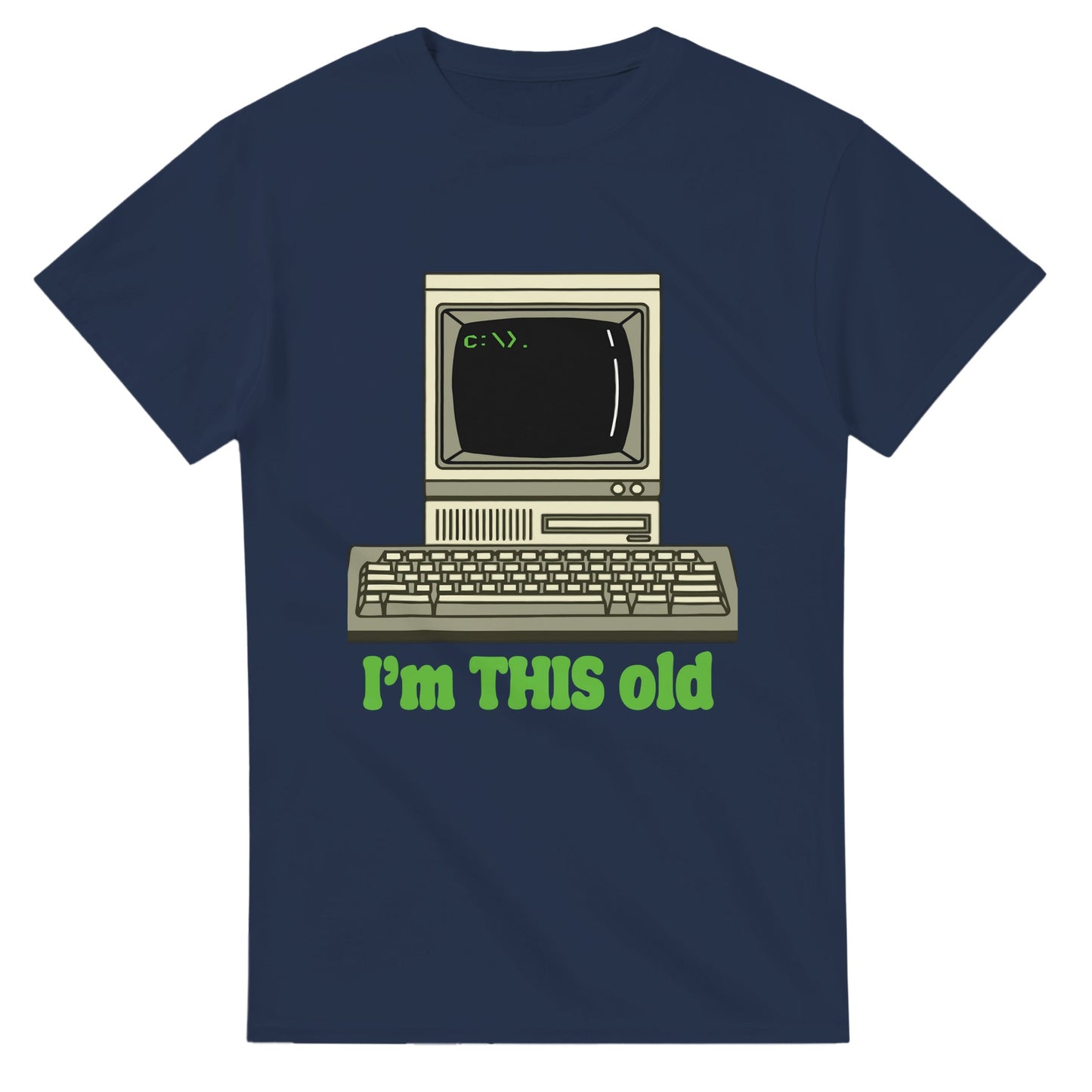 101SHIRTS navy computer humor graphic tee with vintage computer and I'm THIS old text