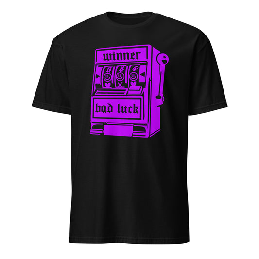 Black vintage slot machine t-shirt with purple graphic and winner bad luck text